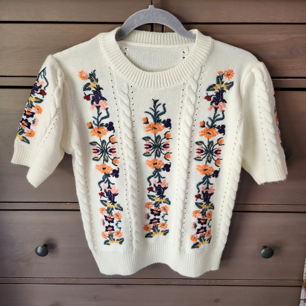 Floral Embroidered Cream Sweater